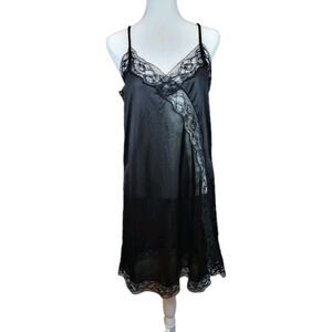 Vintage Lingerie Night Dress Womens Small Solid Black Slip Lace Trim & Panel